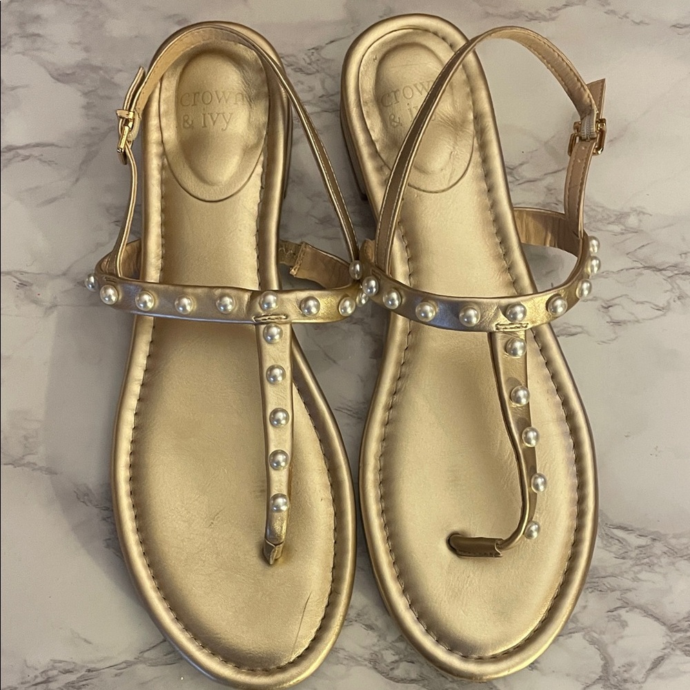 Crown & Ivy Hannah Pearl T-Strap Sandals